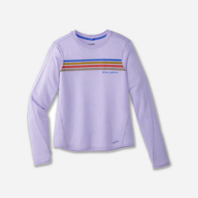 Brooks Distance Graphic Israel - Women's Long Sleeve Running Shirt - Heather Violet Dash/Stripe/grey